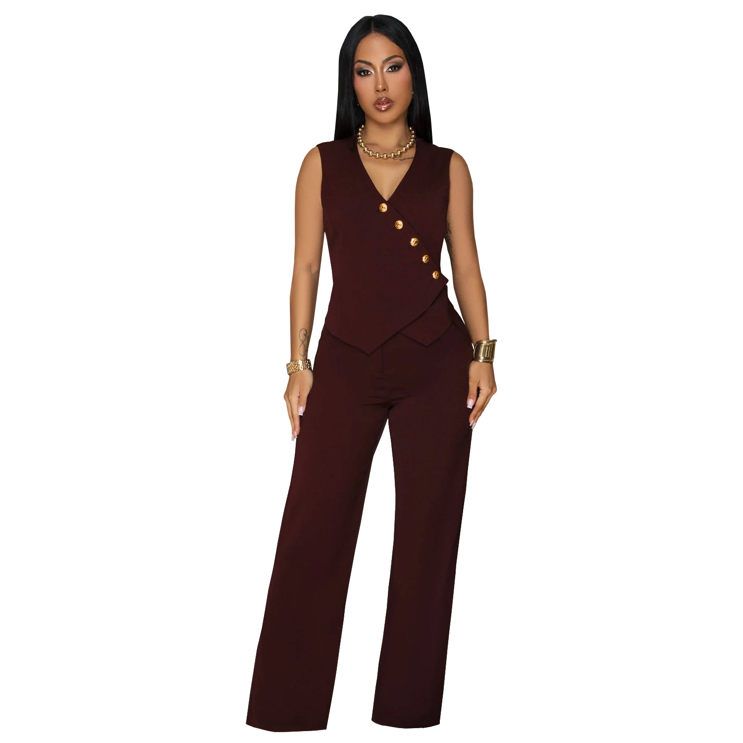 Women Casual Sleeveless V-Neck Top and Pants Two-Piece Set