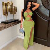 Women Sexy Cutout Metallic Patchwork Slit Bodycon Maxi Dress