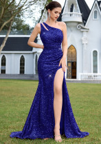 Women sexy one-shoulder slash shoulder sequined evening dress（Tie-Straps）