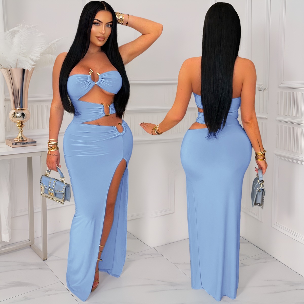 Women Sexy Cutout Metallic Patchwork Slit Bodycon Maxi Dress