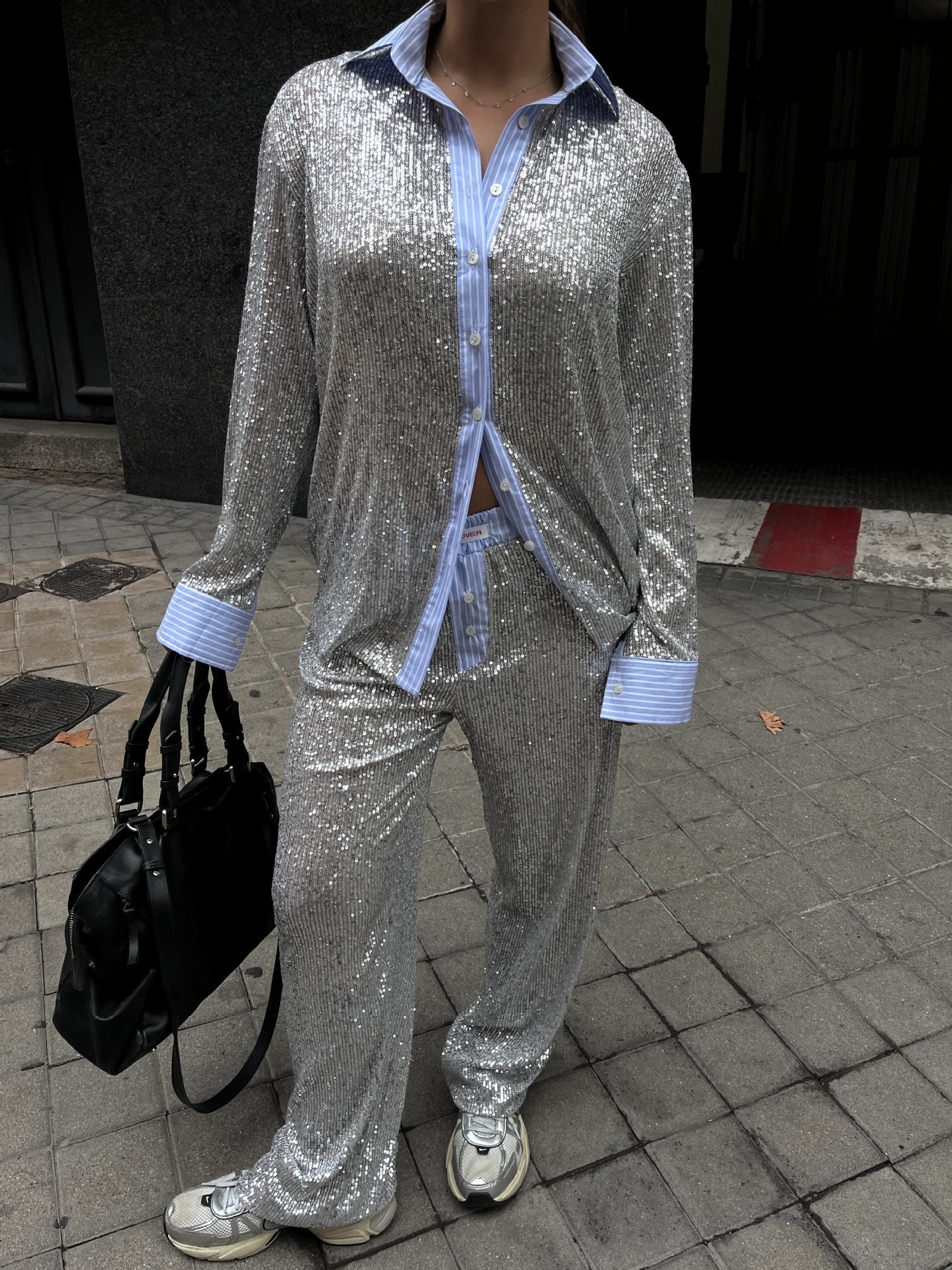 Women Casual Sequin Blazer and Wide-Leg Pants Two-Piece Set