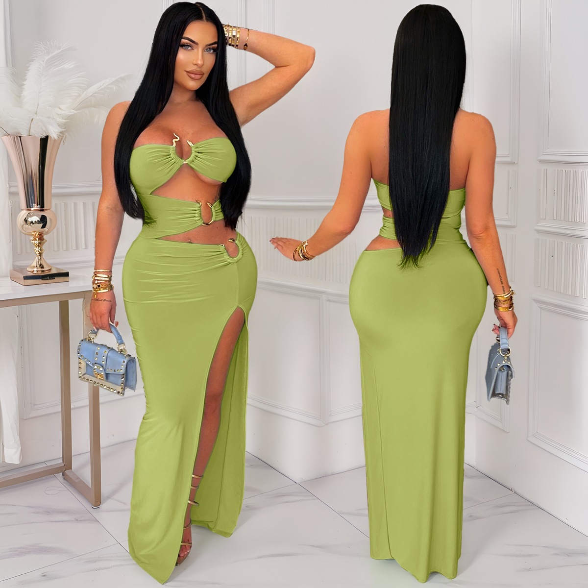 Women Sexy Cutout Metallic Patchwork Slit Bodycon Maxi Dress