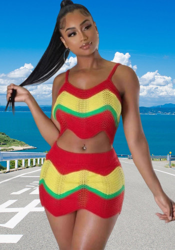 Women Holiday Multi-Color Knitting halter top and skirt with wavy pattern and hollowed-out lace.