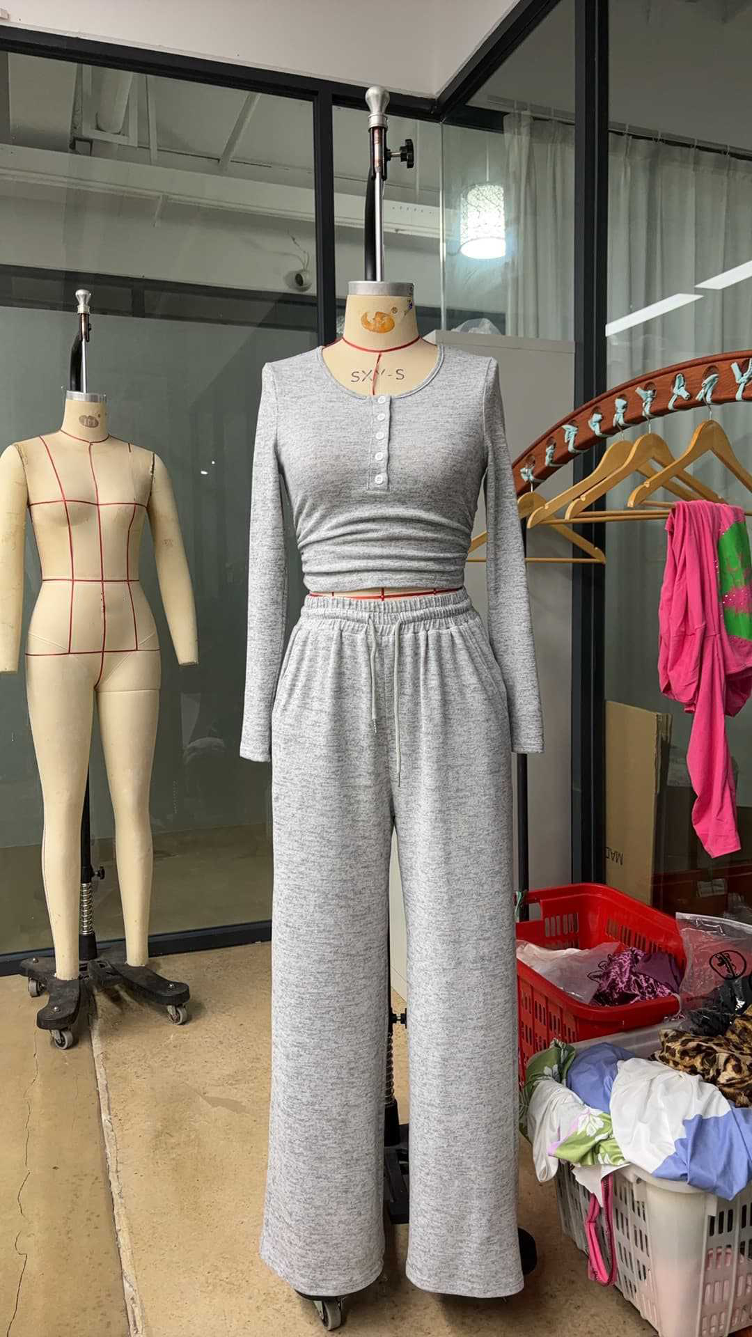 Women Fall Long-Sleeved Buttoned Solid Top and Pants Two-Piece Set