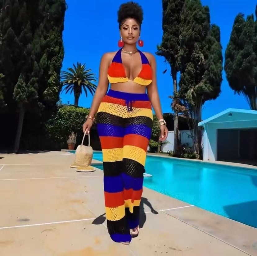 Women multi-color striped halter neck backless top and knitting pant, sexy see-through mesh two-piece set.