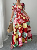 Women Summer Puff-Sleeve Printed Strap Dress
