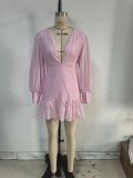Women Spring/Summer Lantern Sleeve V-Neck Long Sleeve Hollow Sexy Lingerie Dresses