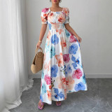 Women Summer Puff-Sleeve Printed Strap Dress