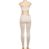 Women Fall Solid Halter Neck Lace-Up Top and Pants Two-piece Set