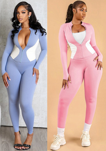 Women Fall Workout Colorblock Sport Jacket Two-Piece Set