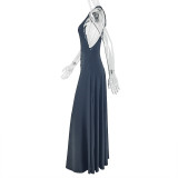 Women Solid Pleated Round Neck Sleeveless Bodycon Dress