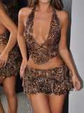 Women Halter Neck Backless Leopard Print Vest and Skirt Two-Piece Set