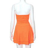 Women Pleated Skirt Solid Strapless Dress