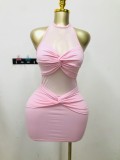 Women early fall solid sleeveless halter neck sexy bodycon mini dress.