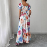 Women Summer Puff-Sleeve Printed Strap Dress