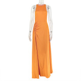 Women Solid Pleated Round Neck Sleeveless Bodycon Dress