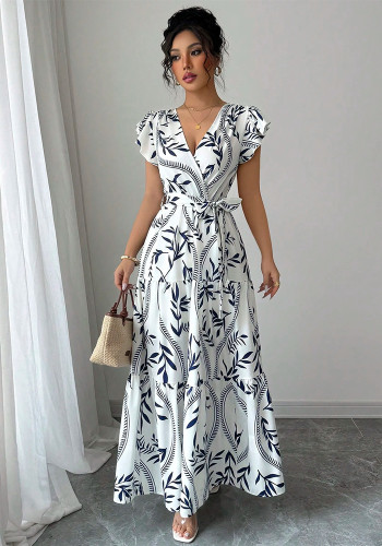 Women Spring/Summer Printed Ruffle V-Neck Sexy Maxi Dress