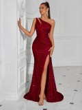 Women sexy one-shoulder slash shoulder sequined evening dress（Tie-Straps）