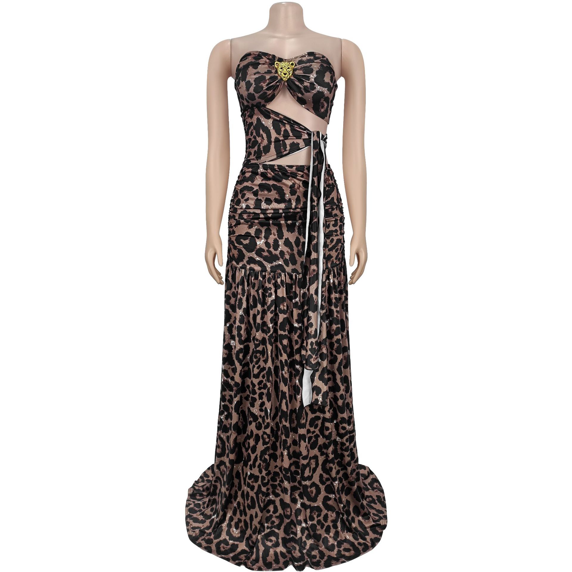 Women Sexy Leopard Print Strapless Backless Dress