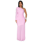 Women Sexy Slash Shoulder Mesh Dress