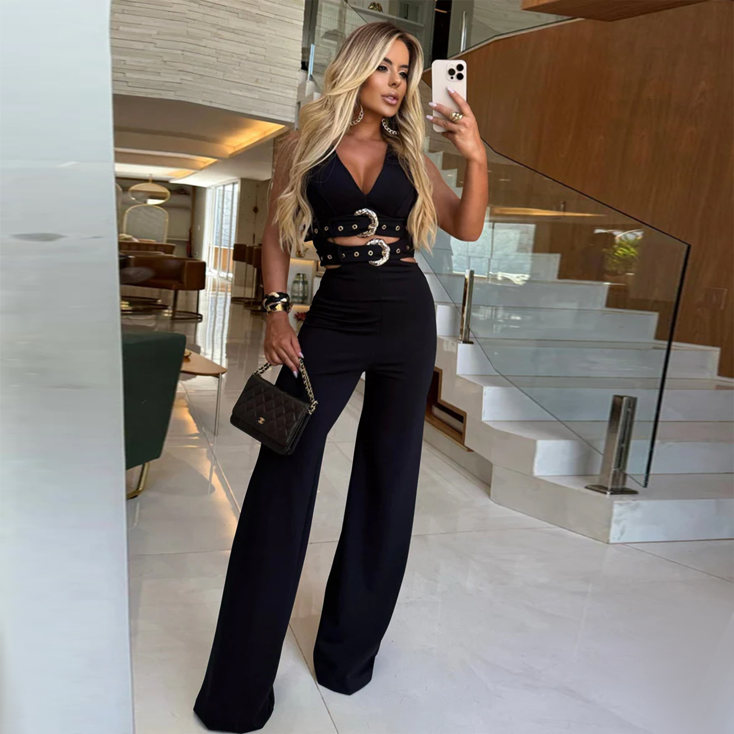 Women V-Neck Buckled Belt Top and Pants Two-Piece Set