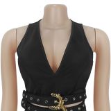 Women V-Neck Buckled Belt Top and Pants Two-Piece Set