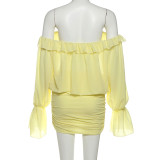 Women Fall Sexy Off-Shoulder Hollow Lace-Up Solid Bodycon Dress