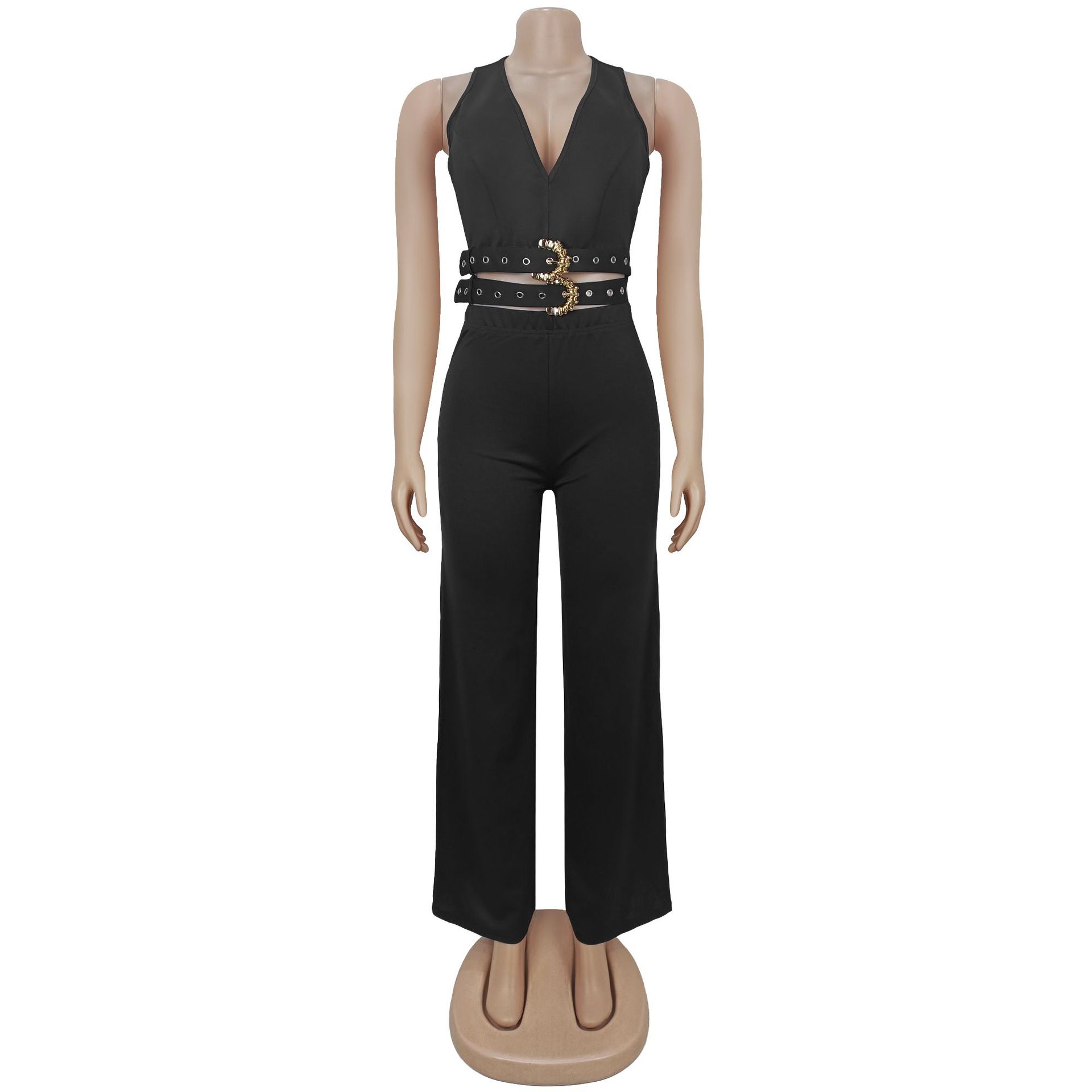 Women V-Neck Buckled Belt Top and Pants Two-Piece Set