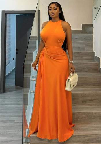 Women Solid Pleated Round Neck Sleeveless Bodycon Dress