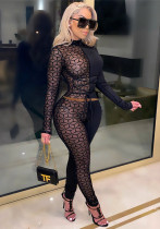Women Sexy Mesh Patchwork Print Top and Pant Two-Piece Set