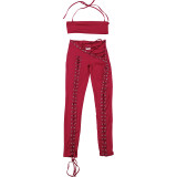 Women Fall Solid Halter Neck Lace-Up Top and Pants Two-piece Set
