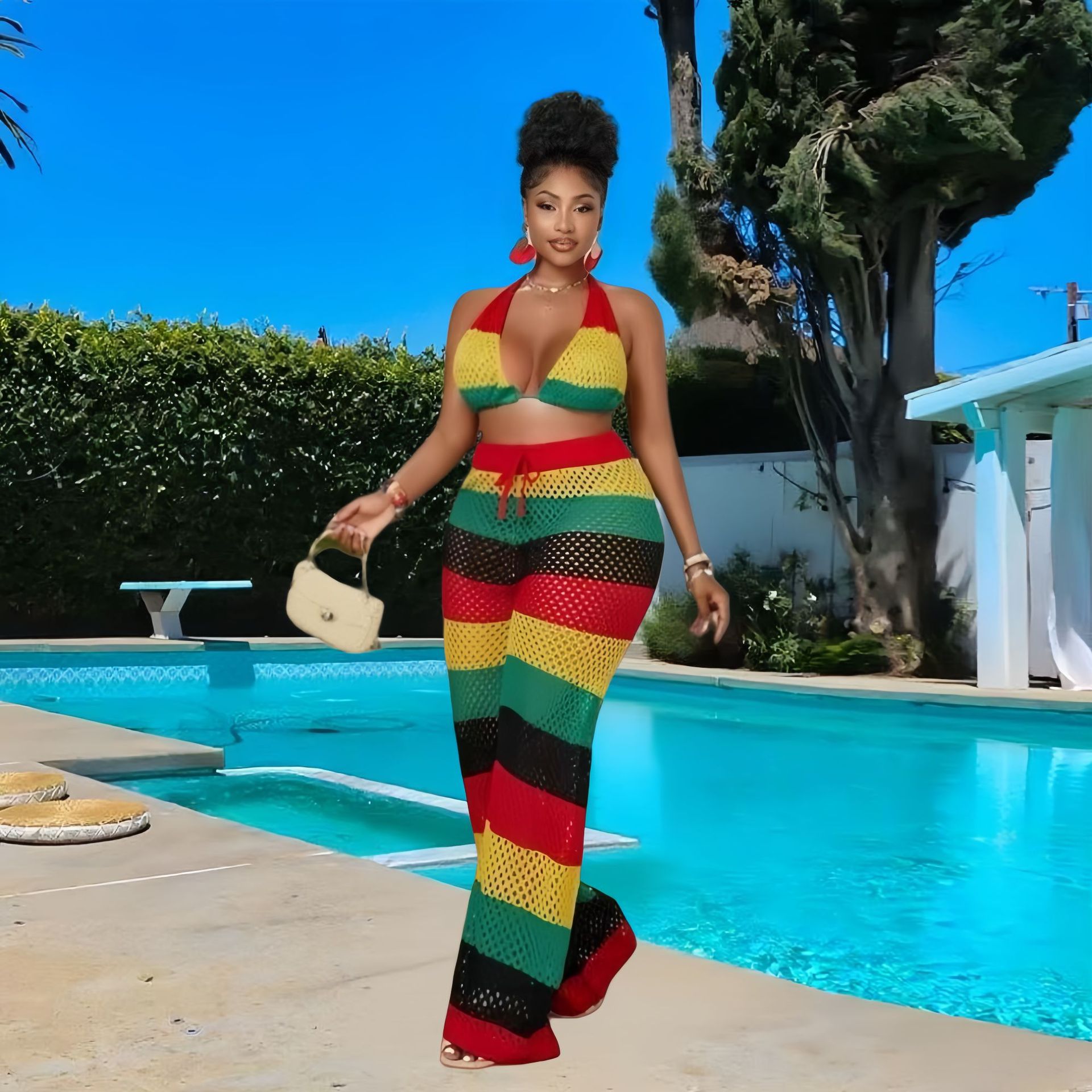 Women multi-color striped halter neck backless top and knitting pant, sexy see-through mesh two-piece set.