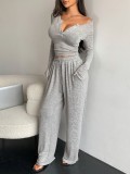 Women Fall Long-Sleeved Buttoned Solid Top and Pants Two-Piece Set