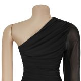 Women Sexy Slash Shoulder Mesh Dress
