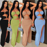 Women Sexy Cutout Metallic Patchwork Slit Bodycon Maxi Dress