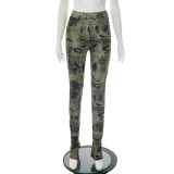 Women Spring/Summer Printed Stretchy Slit Gathered Casual Pants