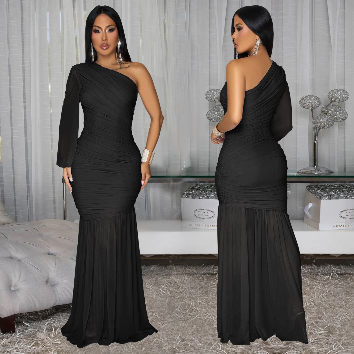 Women Sexy Slash Shoulder Mesh Dress