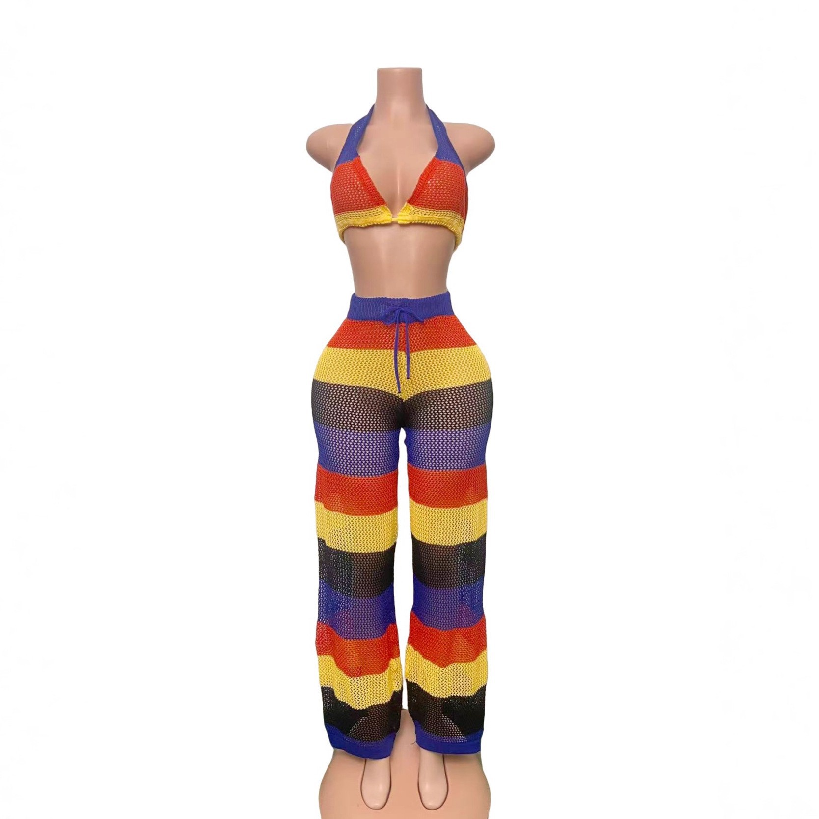 Women multi-color striped halter neck backless top and knitting pant, sexy see-through mesh two-piece set.