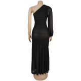 Women Sexy Slash Shoulder Mesh Dress