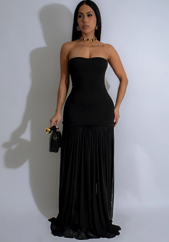 Women Sexy Backless Mesh Patchwork Solid Strapless Dress