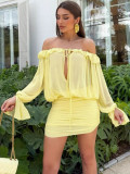 Women Fall Sexy Off-Shoulder Hollow Lace-Up Solid Bodycon Dress