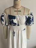 Women Summer Puff-Sleeve Printed Strap Dress