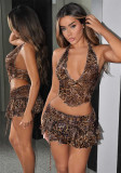 Women Halter Neck Backless Leopard Print Vest and Skirt Two-Piece Set