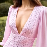 Women Spring/Summer Lantern Sleeve V-Neck Long Sleeve Hollow Sexy Lingerie Dresses