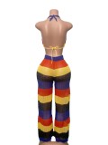 Women multi-color striped halter neck backless top and knitting pant, sexy see-through mesh two-piece set.