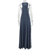 Women Solid Pleated Round Neck Sleeveless Bodycon Dress
