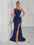 Women sexy one-shoulder slash shoulder sequined evening dress（Tie-Straps）