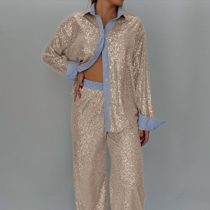 Women Casual Sequin Blazer and Wide-Leg Pants Two-Piece Set