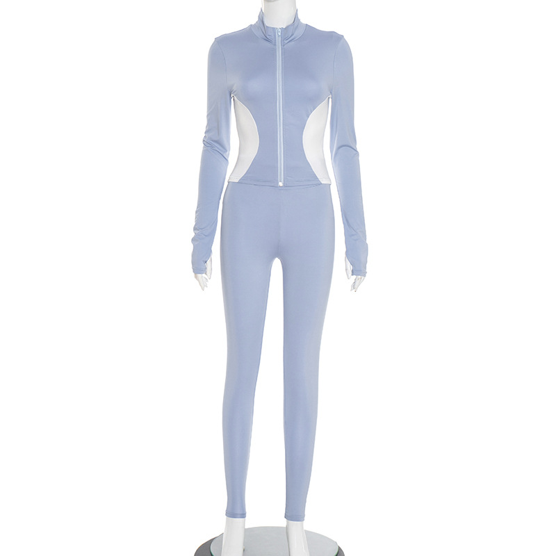 Women Fall Workout Colorblock Sport Jacket Two-Piece Set