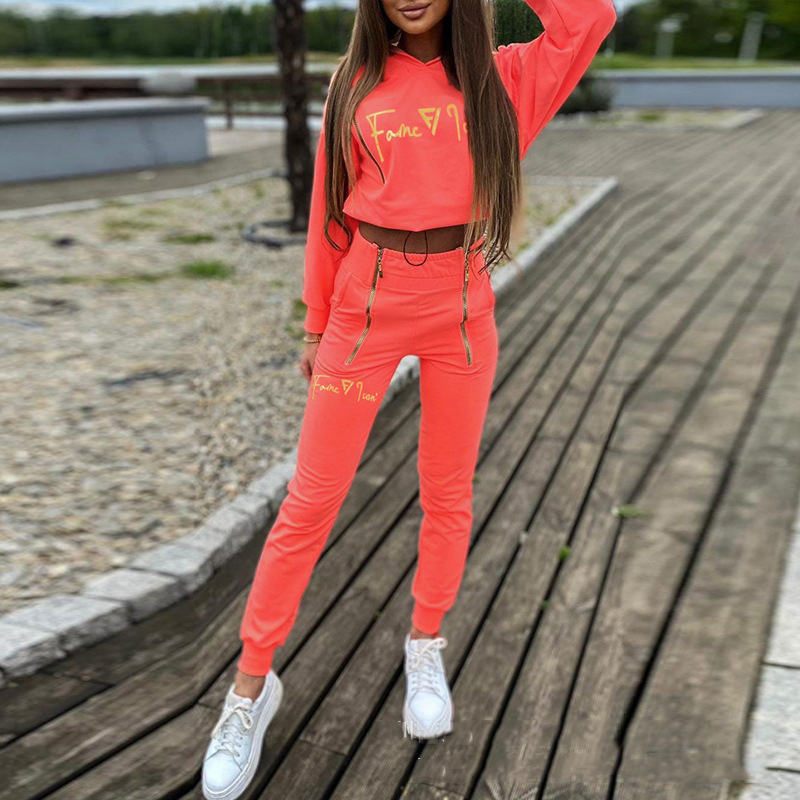 Women Metal Zipper Contrast Color Casual Hoodies and Two-Piece Set